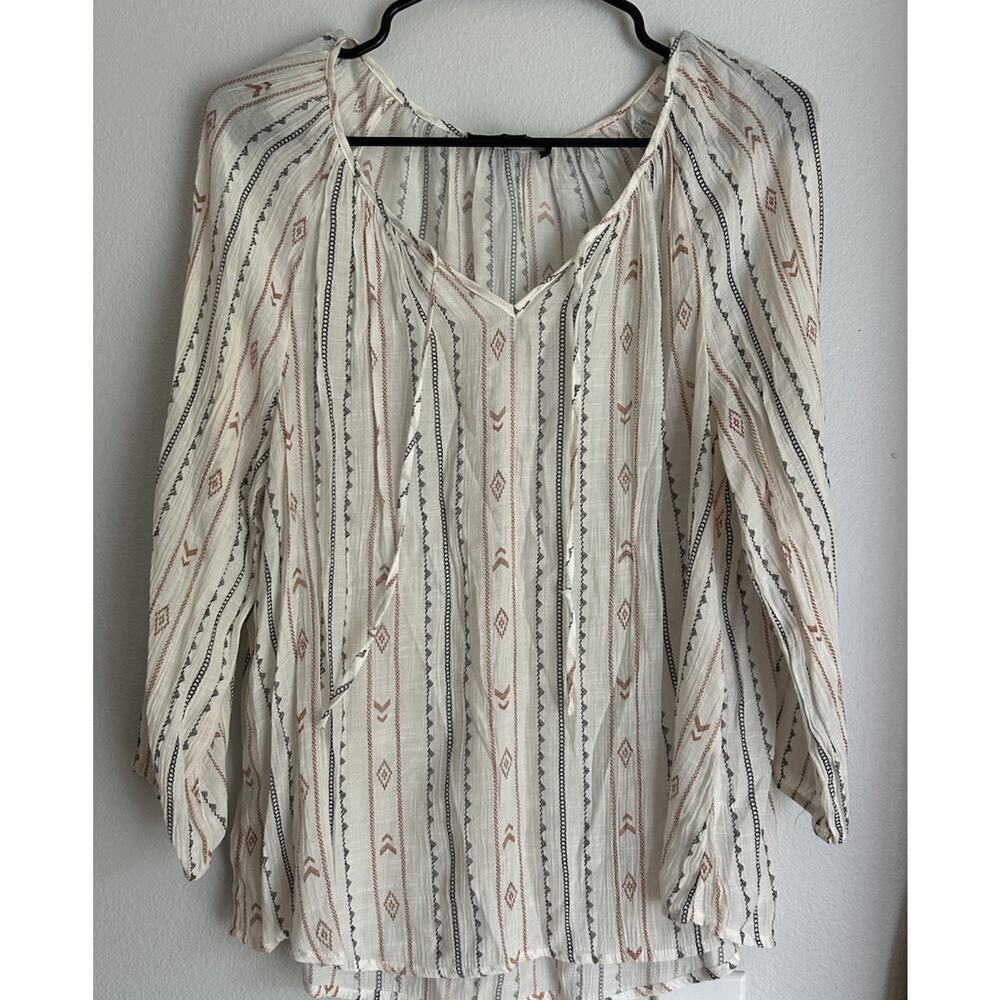 Fred David Women's Aztec Print Boho Peasant Blouse V-Neck Tie Front Size PL